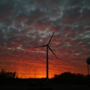 Wind turbine on Seneca Land with sunset